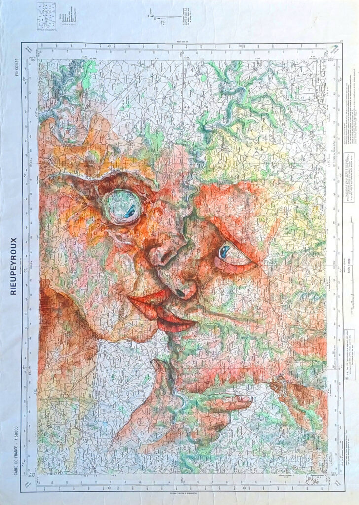 Rencontre à Rieupeyroux (Dessin sur carte, 1973)